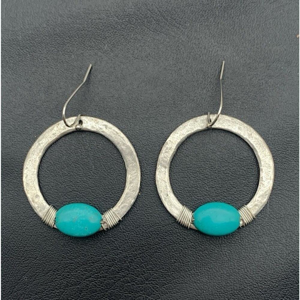 Vintage Julio Signed Silver Tone And Turquoise Handmade Earrings Southwestern